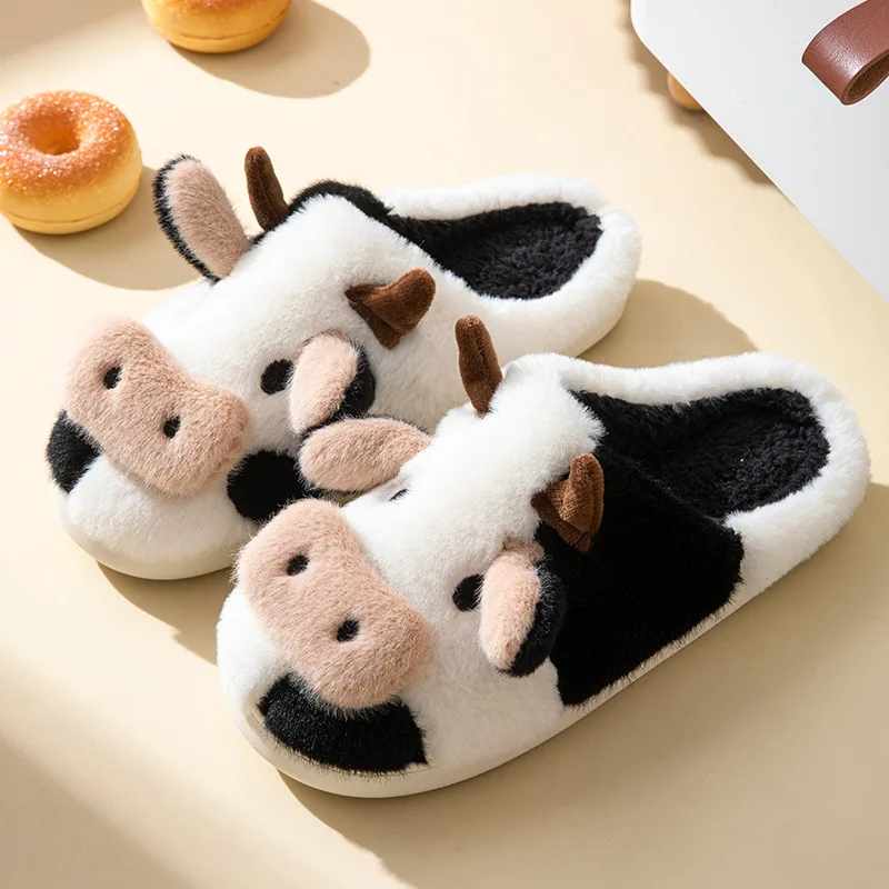 2022 Winter Anti-Skid Cotton Slippers Women Design Animal Funny Warm Plush Ladies' Slides Indoor Cartoon Cute Dairy Cattle Shoes