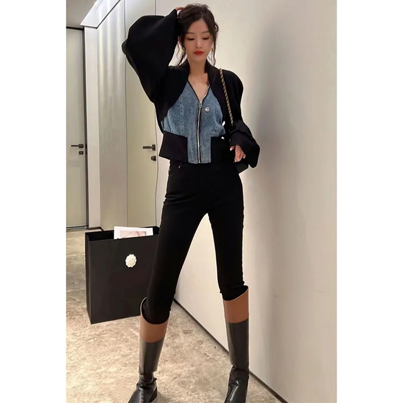 Дизайнерская нишевая черная джинсовая строчка с длинными рукавами короткое