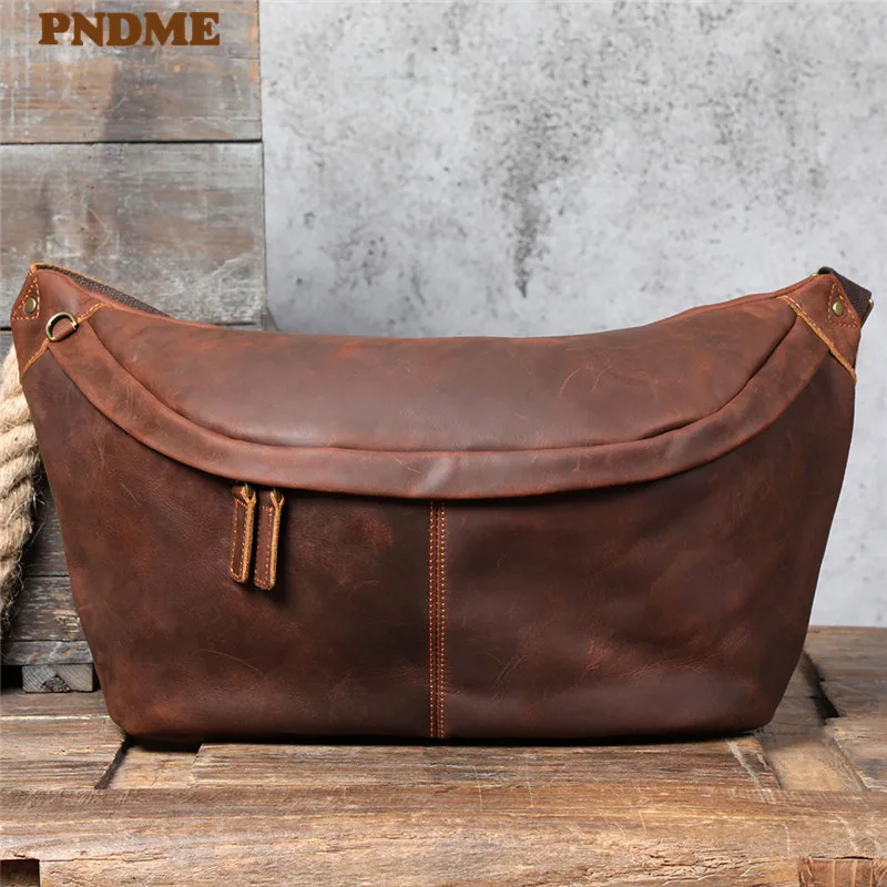 Natural genuine leather super large capacity men's chest bag retro designer crazy horse cowhide big shoulder crossbody bag