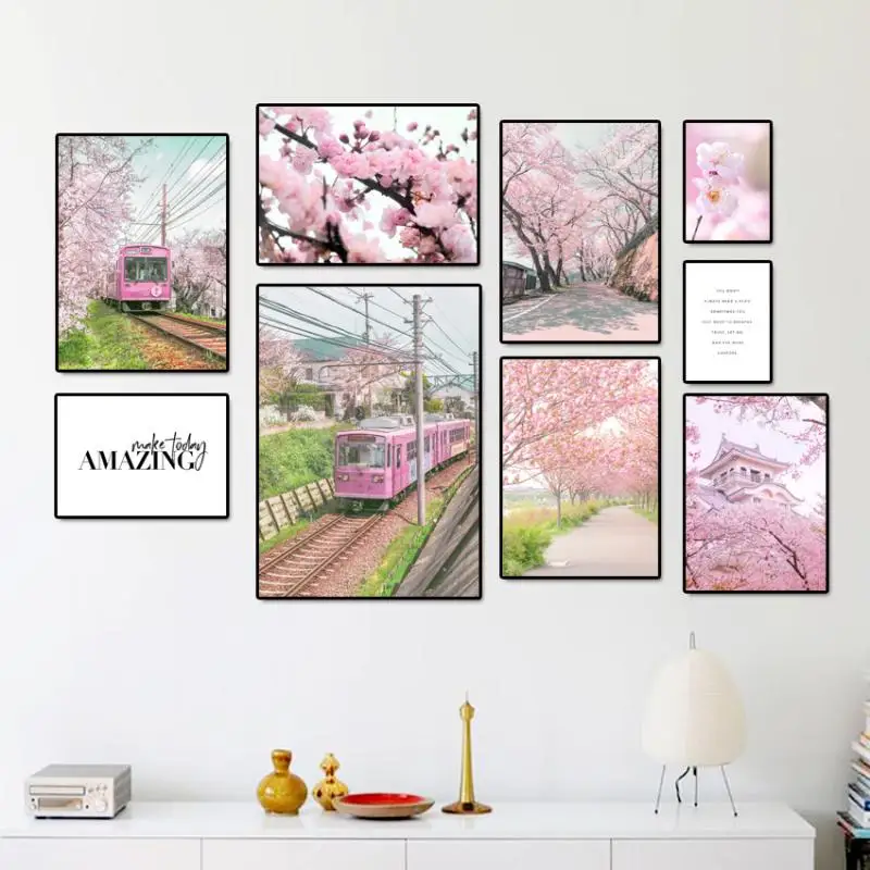 

Modern Canvas Painting Pink Cherry Blossom Path Train Pavilion Landscape Life Quotes Picture Nordic Poster And Print Home Decor