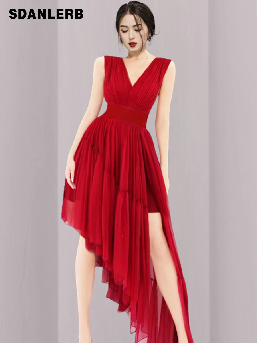 

Summer Mid-length Dress Red Elegant V-neck Irregular Cinched Slimming High-End Strap Dress Women's Sleeveless Party Dress