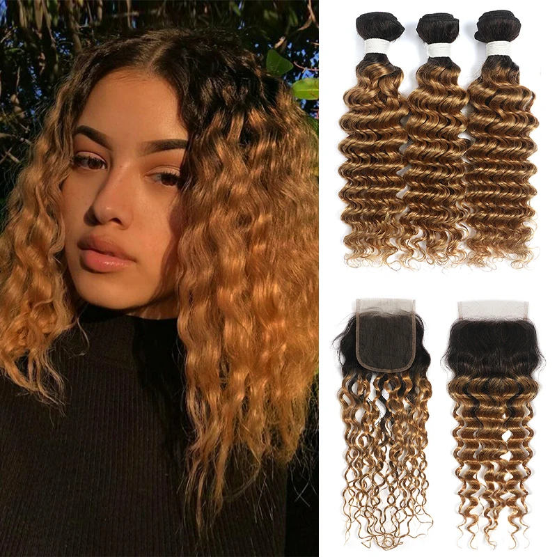 Deep Wave T1B/27 Ombre Brown Blonde Bundles With Closure 4x4 SOKU Brazilian Remy Human Hair Weave Bundles With Lace Closure