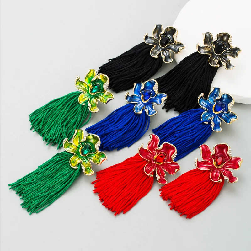 

New Style Earrings Exaggerated Long Oil Dripping Flower Tassel Earrings Women's Personality Creative Bohemian Ear Jewelry