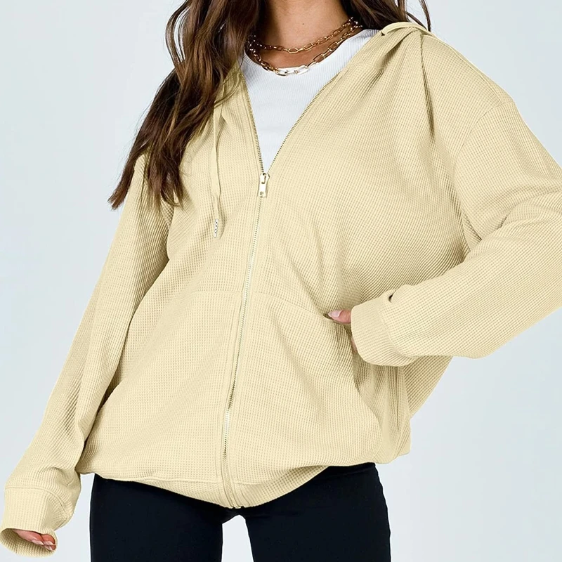 

Women Casual Loose Zipper Up Drawstring Hoodie Solid Color Long Sleeve Waffle Hooded Sweatshirt Coat with Pockets