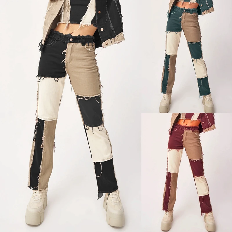 

Джинсы женские прямые в стиле пэчворк, узкие брюки из денима с завышенной талией, с карманами, с цветными блоками