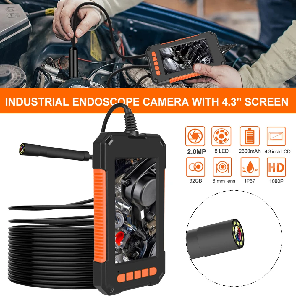 

Industrial Endoscope Camera with 4.3" Screen 8mm Single Lens 1080P Borescope with 8 LEDs For Car Checking Sewer Pipe Inspection