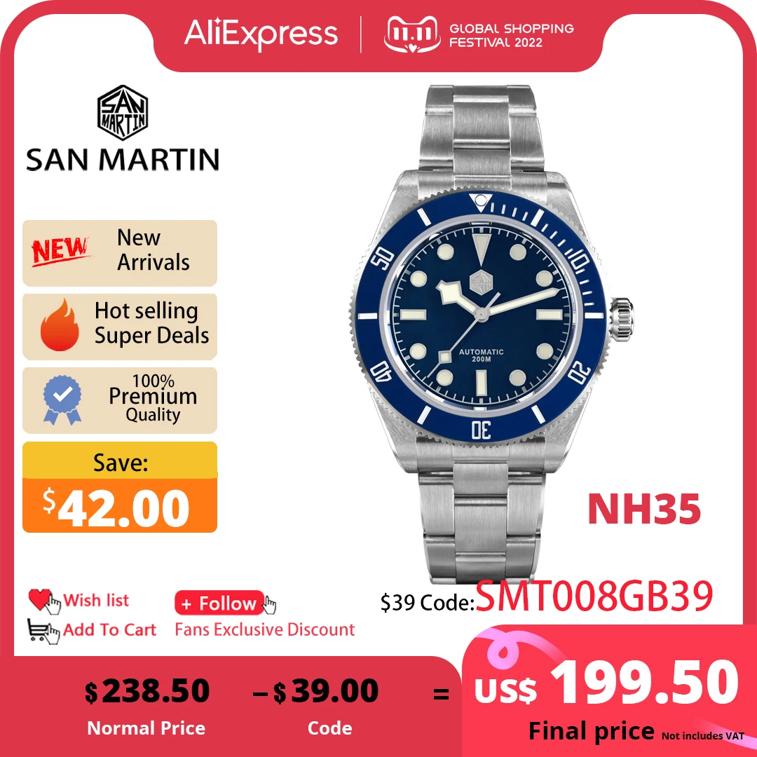 Продажа Новые винтажные мужские часы San Martin BB58 NH35, 40 мм, Роскошные мужские часы, автоматические механические часы от ведущего бренда, деловые наручны...