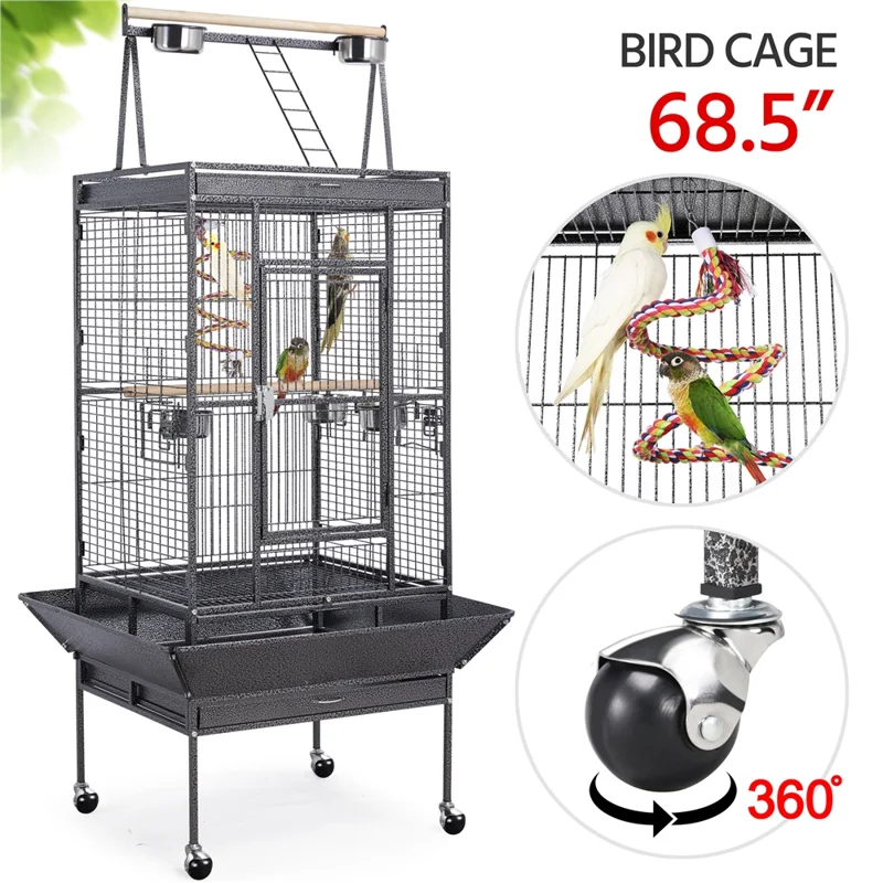 

68.5inch Play Top Parrot Cage Rolling Bird Cage, Black