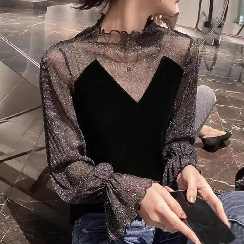 

Women Mesh Sheer Blouses Chiffon See-through Long Sleeve Top Shine Shirts Ladies Fashion Transparent Black Shirts Female Blusas