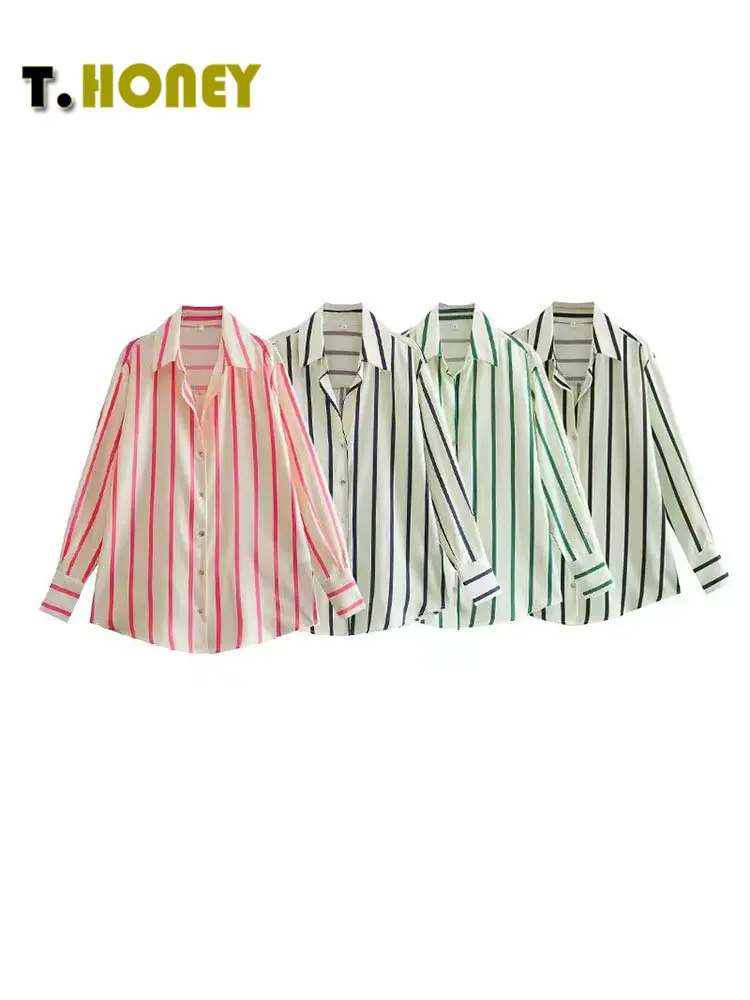 

TELLHONEY Women Fashion Simply Striped Print Satin Shirt Female Casual Long Sleeves Single Breasted Loose Blouses Chic Lad Tops