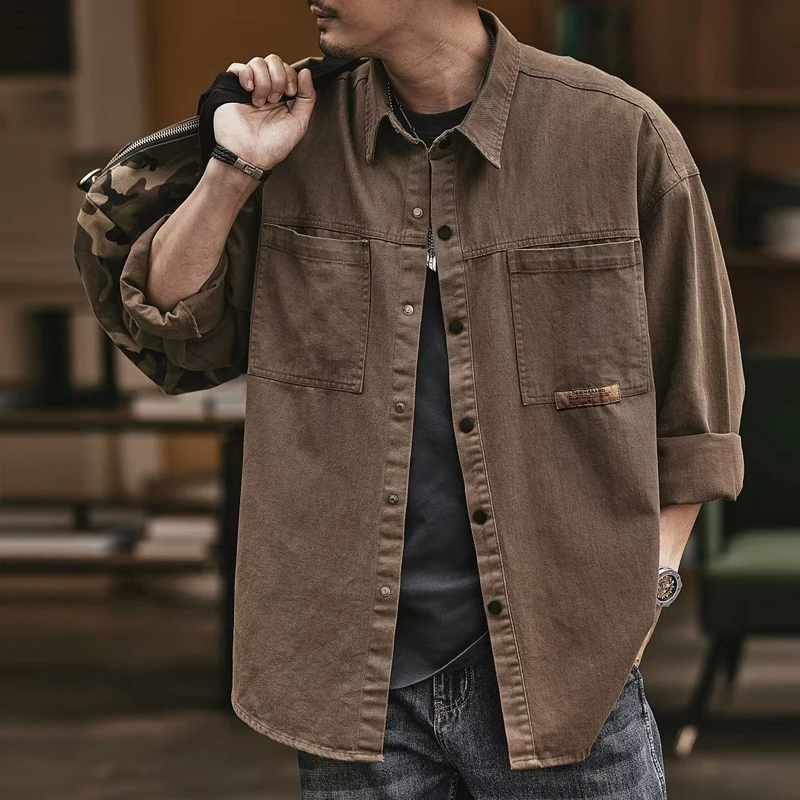 

Fall Fashion Lapel Collar Long Sleeve Tops Streetwear Men Clothing Single Breasted T-Shirt Trend Solid Men's Cargo Style Shirts
