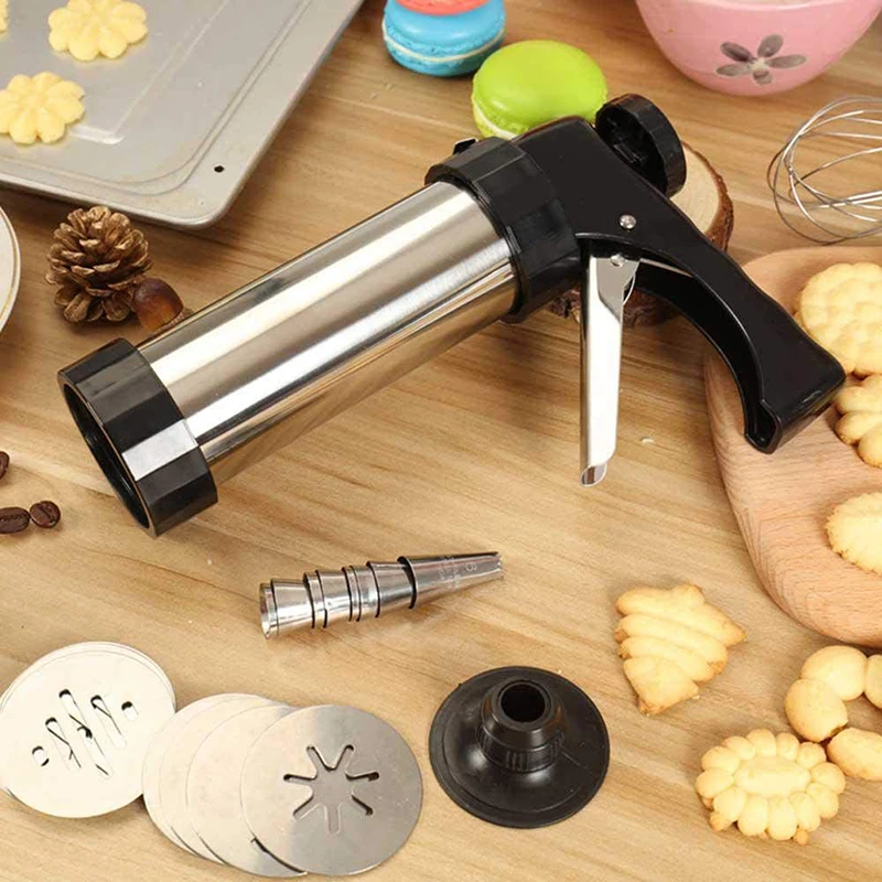 

DIY Cookie Press Set Stainless Steel Cookie Maker Biscuit Press Gun Set with 13 Discs Molds & 8 Icing Nozzles Tips Pastry Tools