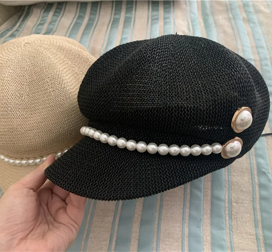 

202308-shi ins chic summer big pearl buttons lady octagonal hat women leisure visors cap