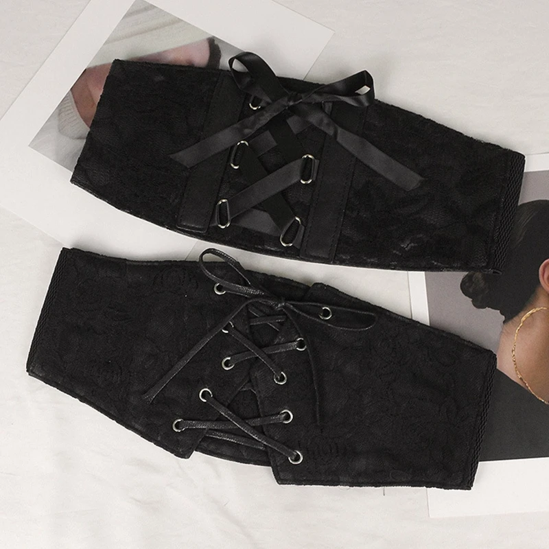 

Women Elastic Stretch Wide Corset Band Waspie Gothic Punk Vintage Criss-Cross Lace-Up Tied Black Waist Cincher Lace Belt