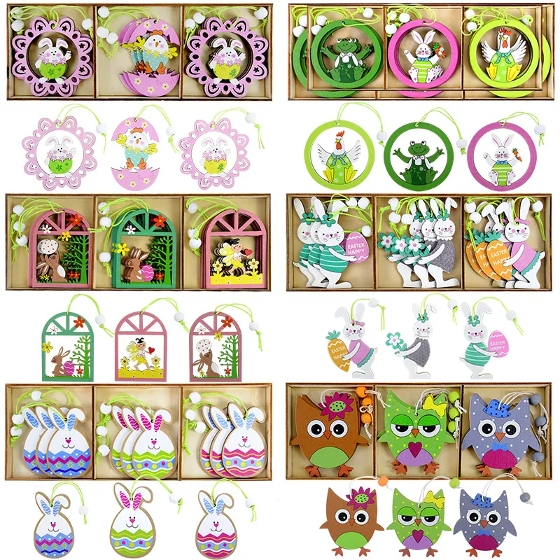 

9 Pcs/Box Easter Bunny Wooden Pendants Easter Decoration for Home Hanging Ornaments Kids Gift Cartoon Animal Chick Wood Craft