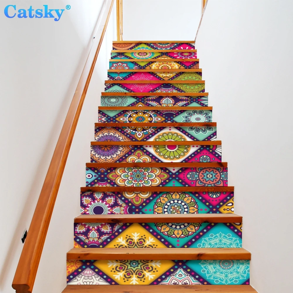 

Ethnic Style Printstyle,Mandala,6pcs 13pcs/Set Stair Floor Stickers Waterproof Removable Self Adhesive Diy Stairway Decals Home