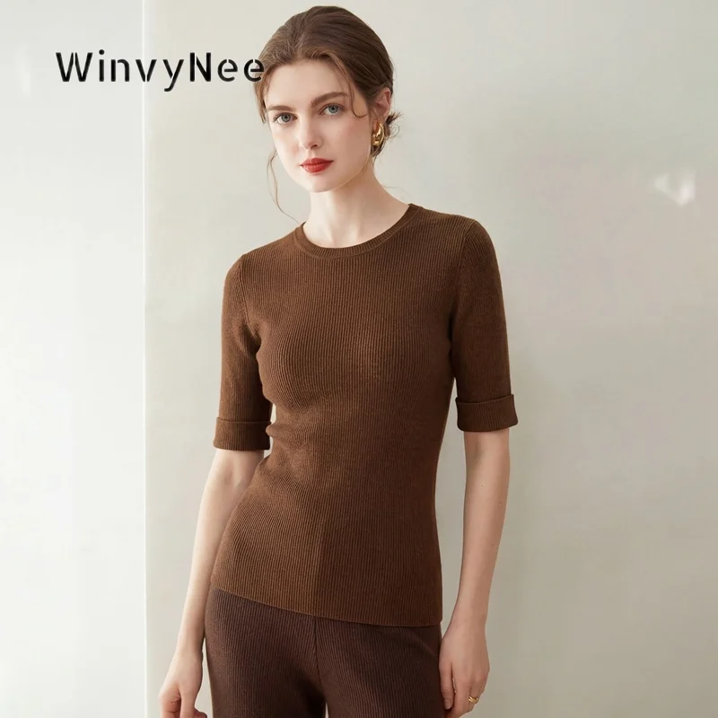 Фото Женская трикотажная футболка WinvyNee из тонкой чистой шерсти Yangzi, однотонная, с отворотами на рукавах, легкая, осенне-зимняя, ZA1827010 №5