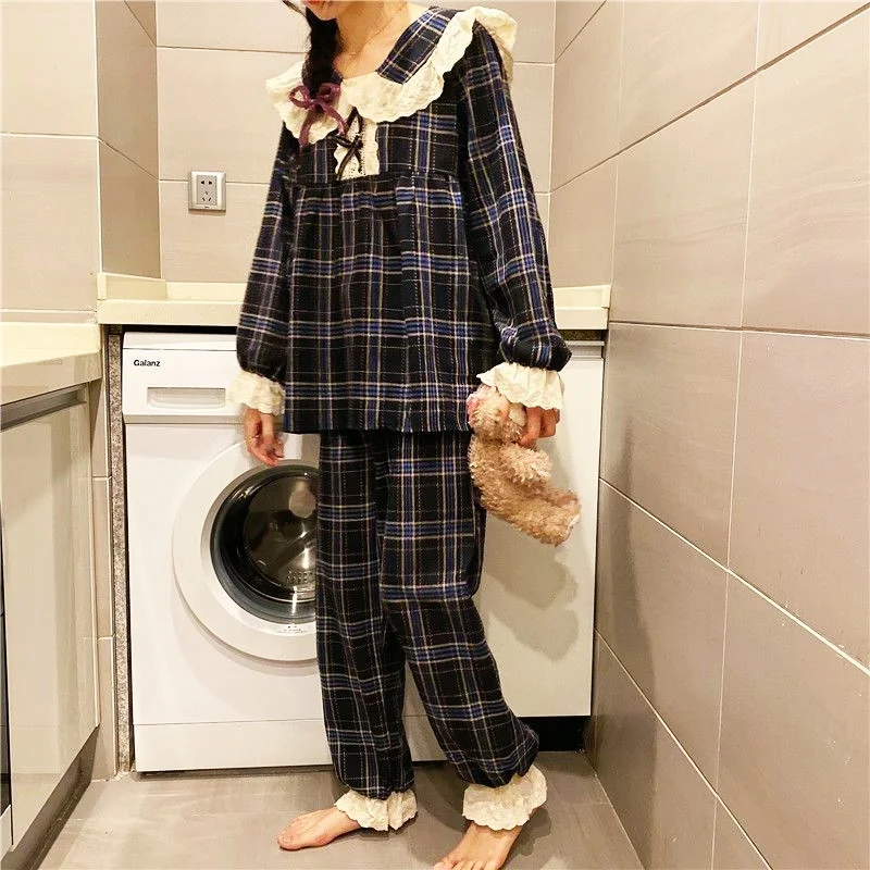 Spring Pajamas Set Full Sleeve Tops Long Pants Sexy Lace Bow Pyjama Big Size Homewear Cozy Sweet Sleepwear 2Piece/Set