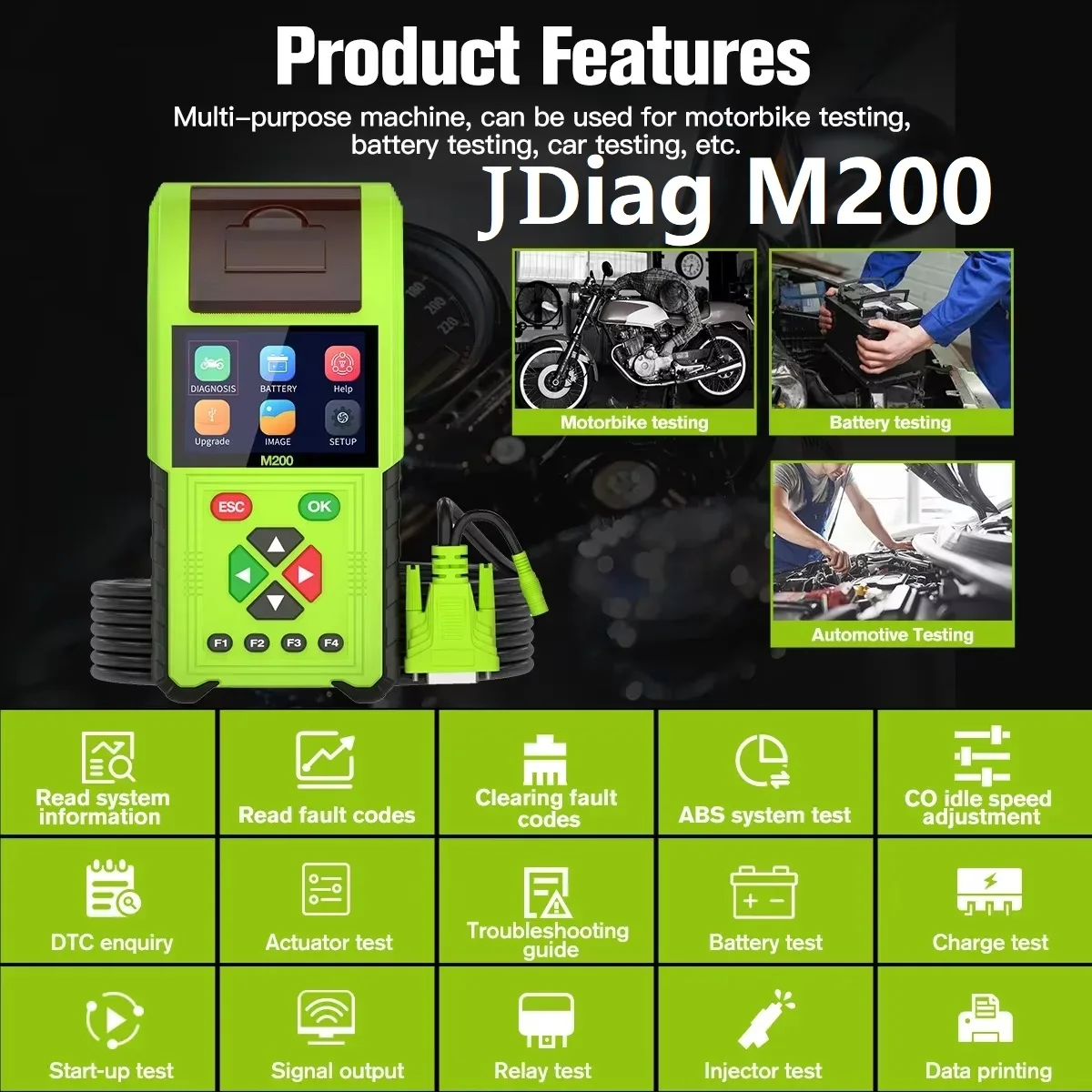 Фото JDiag M200 мотоциклетный диагностический сканер OBD2, код неисправности, тестер батареи, инструмент Motoscan для BMW/Yamaha/Kawasaki/Honda, бесплатное обновление №1
