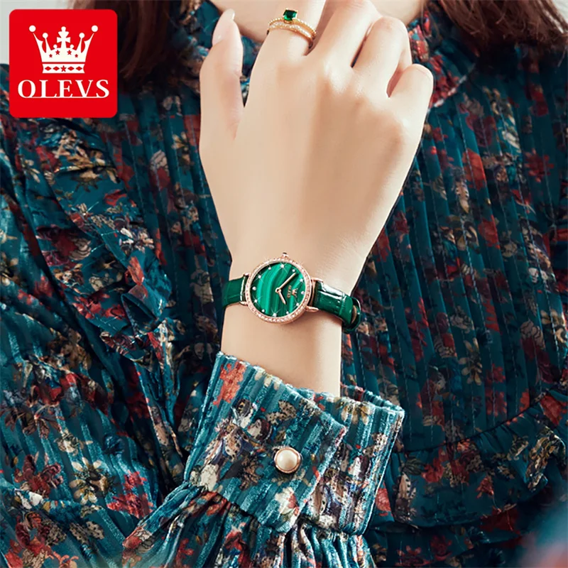 OLEVS 2023 New Luxury Women Watch Top Brand Fashion Waterproof Green Leather Strap Diamond Ladies Quartz Wristwatch Montre Femme