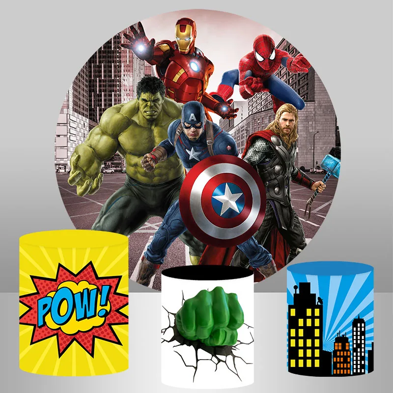 

Superhero Avengers Theme Round Cover Boy Birthday Backdrop Spiderman Hulk Iron Man Captain America Circle Cylinder Cover Prop