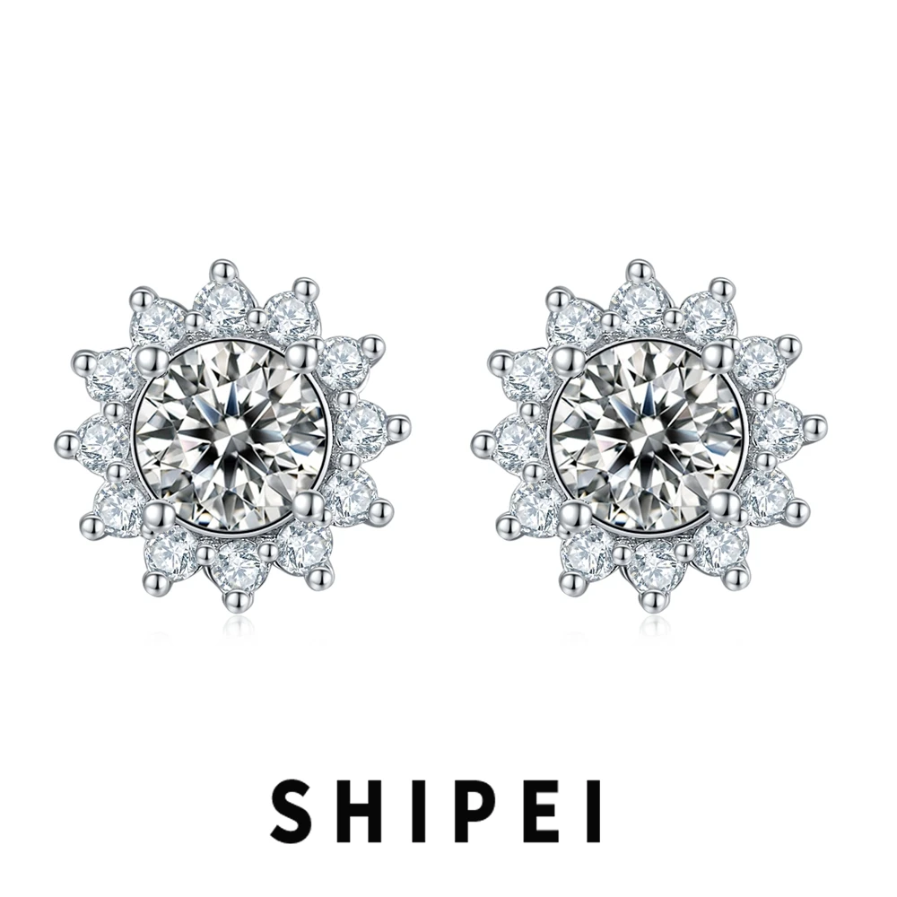 

SHIPEI 8MM D Moissanite Diamond Gemstone Flower Stud Earrings Fine Jewelry For Women 100% 925 Sterling Silver Anniversary Gift
