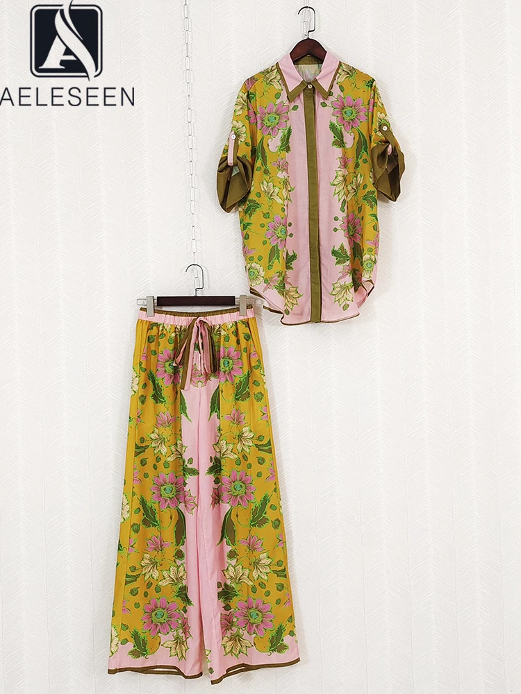 

Женский костюм из 2 предметов AELESEEN, весенне-летний костюм с цветочным принтом, рубашка с короткими рукавами + длинные расклешенные брюки, Эле...