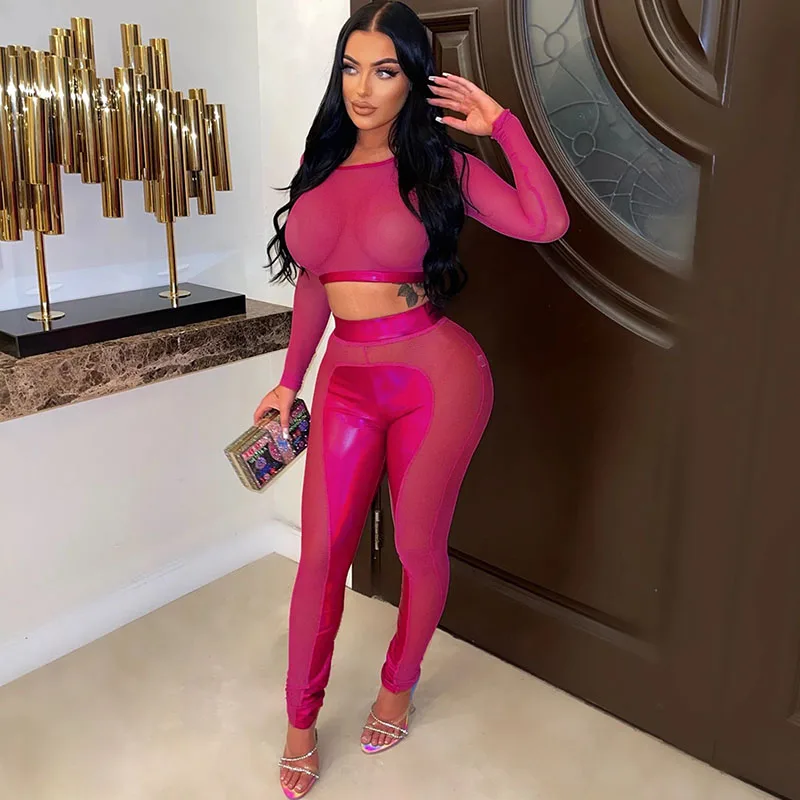 

Sexy Night Party Two Piece Set Women Mesh See Through Crop Top and Patchwork Leggings Matching Sets Club Rave Festival Outfits