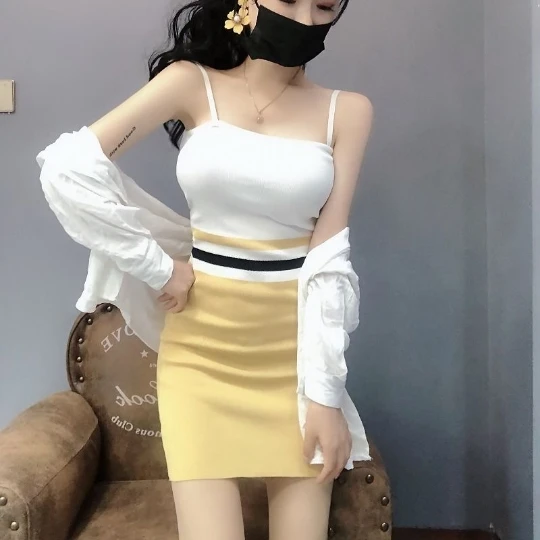 

Yellow new Tight Low-Neck Brace Sleeveless Knitting Knit Camisole Dresses Summer Dress Suspenders Women Lady Cloth Falda Vestido