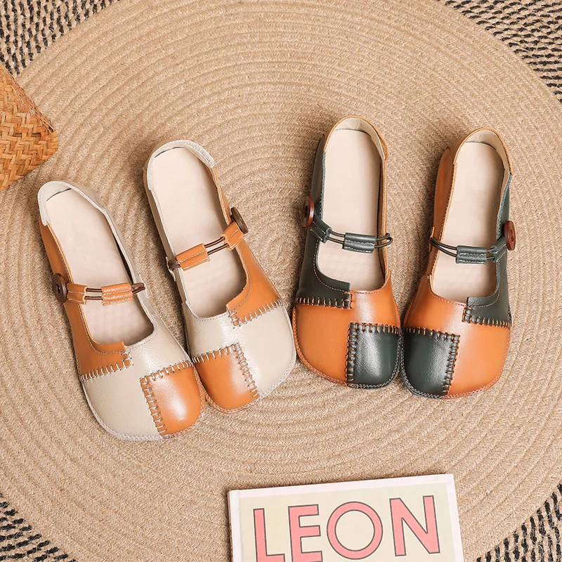 

Designer Square Toe Ballet Flats Women's Genuine Leather Cowhide Loafers Ladies Patches Mary Janes Shoes Woman Driving Moccasins