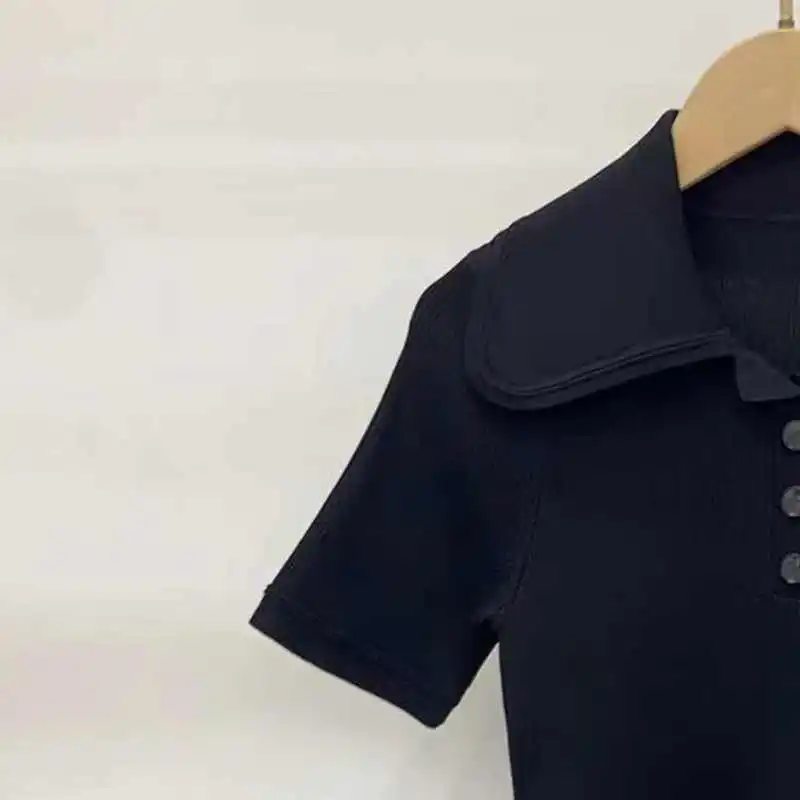 

2023 Early Autumn New Black A-Line Dress Lapel Short Sleeve Women Dress