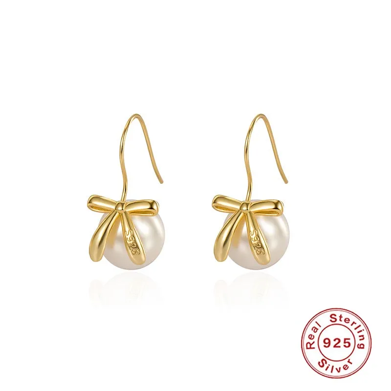 Серьги-подвески из серебра 925 пробы с жемчугом и бантом