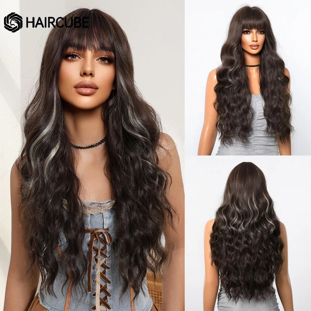 Длинный темно-коричневый блондин омбер синтетический парик с челкой для женщин