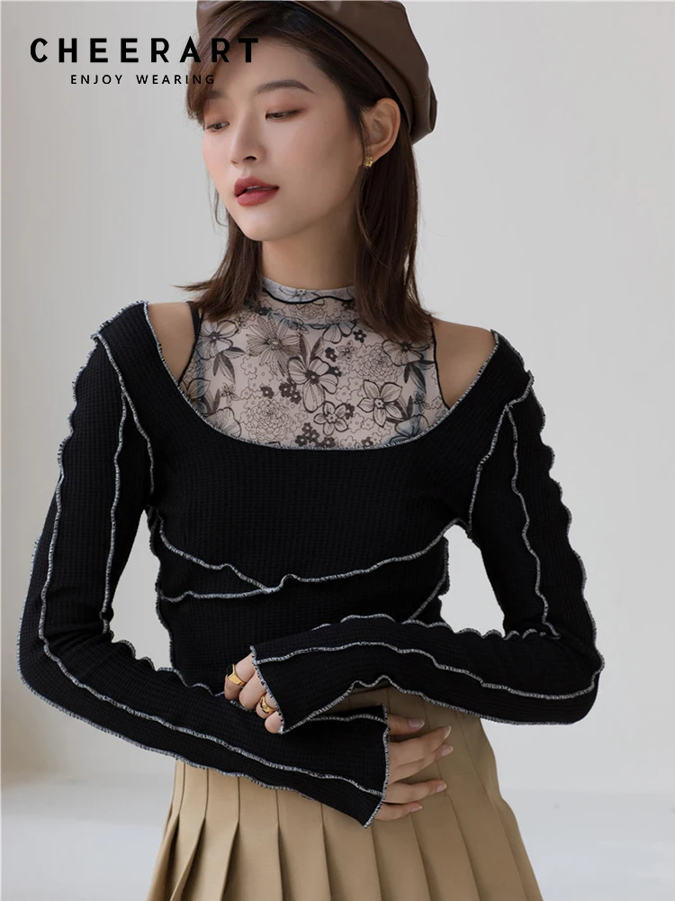 

CHEERART 2 Piece Turtleneck Knitted Top Long Sleeve Black Contrast Stitch Off The Shoulder Ladies Top Autumn 2020 Korean Fashion