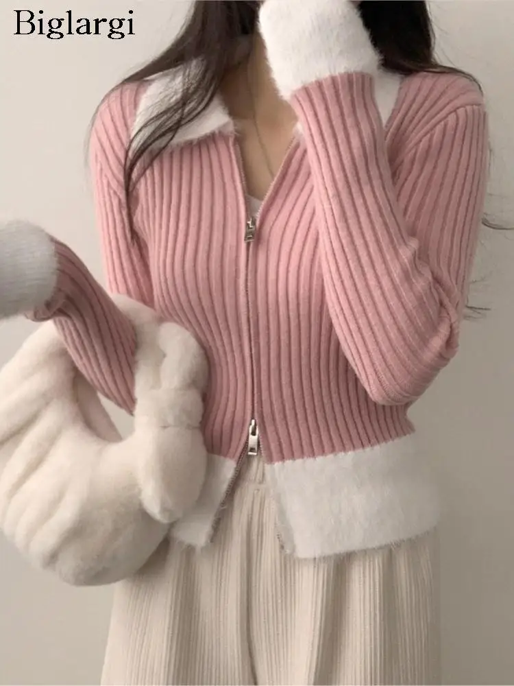 

Knitted Autumn Sweater Women Pink Patchwork Furry Long Sleeve Ladies Cropped Sweaters Tops Fashion Bodycon Woman Top 2023