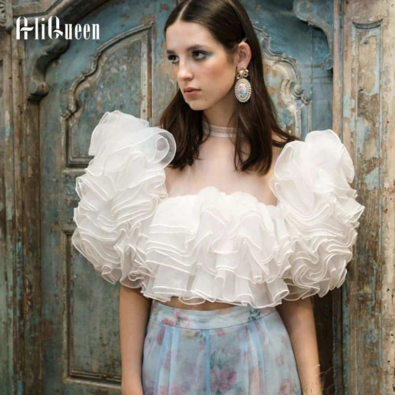 

Женская блузка с оборками из органзы, белая Элегантная укороченная блузка с короткими рукавами, привлекательная приталенная рубашка на молнии, вечерние блузки в Корейском стиле