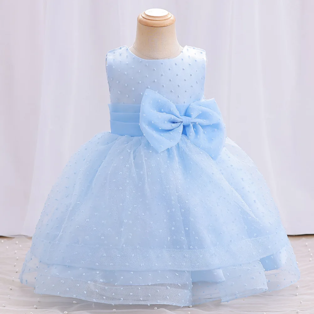 

Wedding Flower Girls Dress Sweet Kids Round Neck Sleeveless Bowknot Gauze Princess Dress Simple Birthday Party Gown