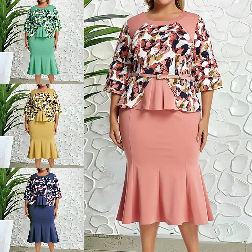 

Женское платье с круглым вырезом, коротким рукавом и принтом