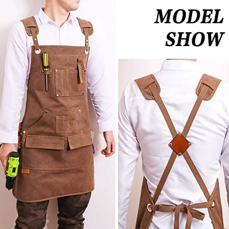 

Утолщенный холщовый фартук для мужчин и женщин Рабочий фартук с карманами для инструментов Перекрестные ремни Регулируемый плотник Садовый фартук Новый