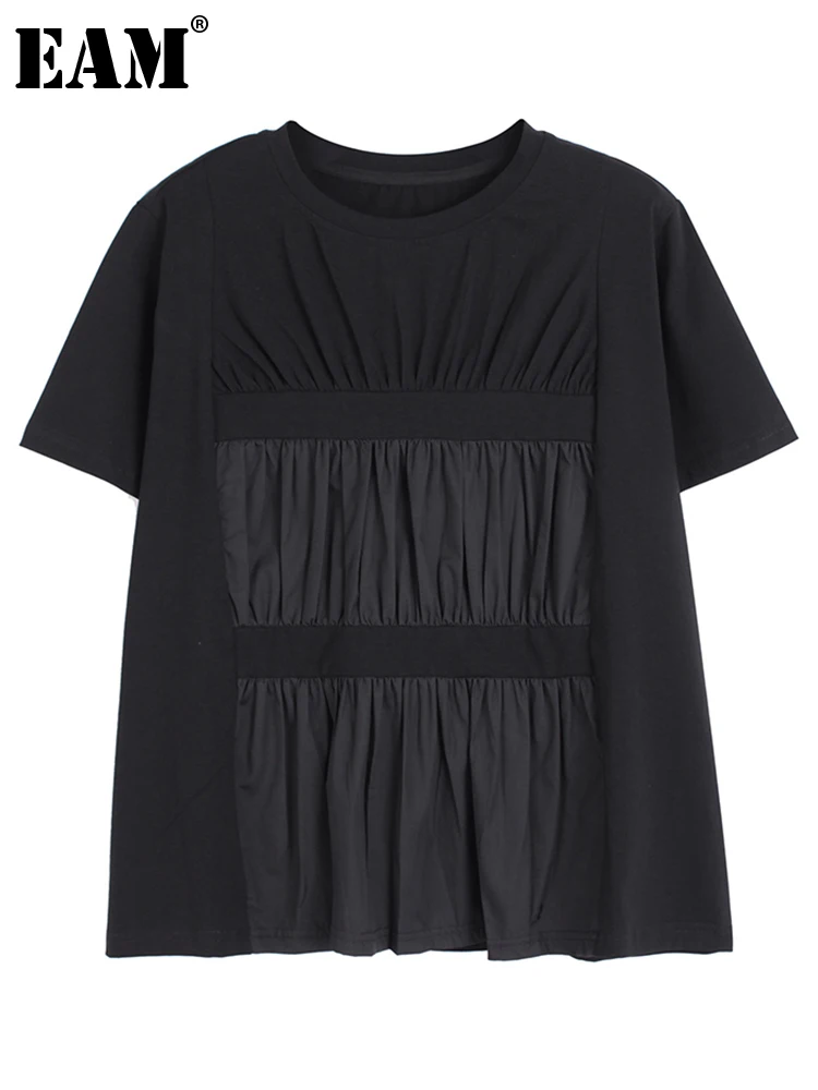 

[EAM] Women Black White Pleated Big Size Casual T-shirt New Round Neck Short Sleeve Fashion Tide Spring Summer 2023 1DE6951