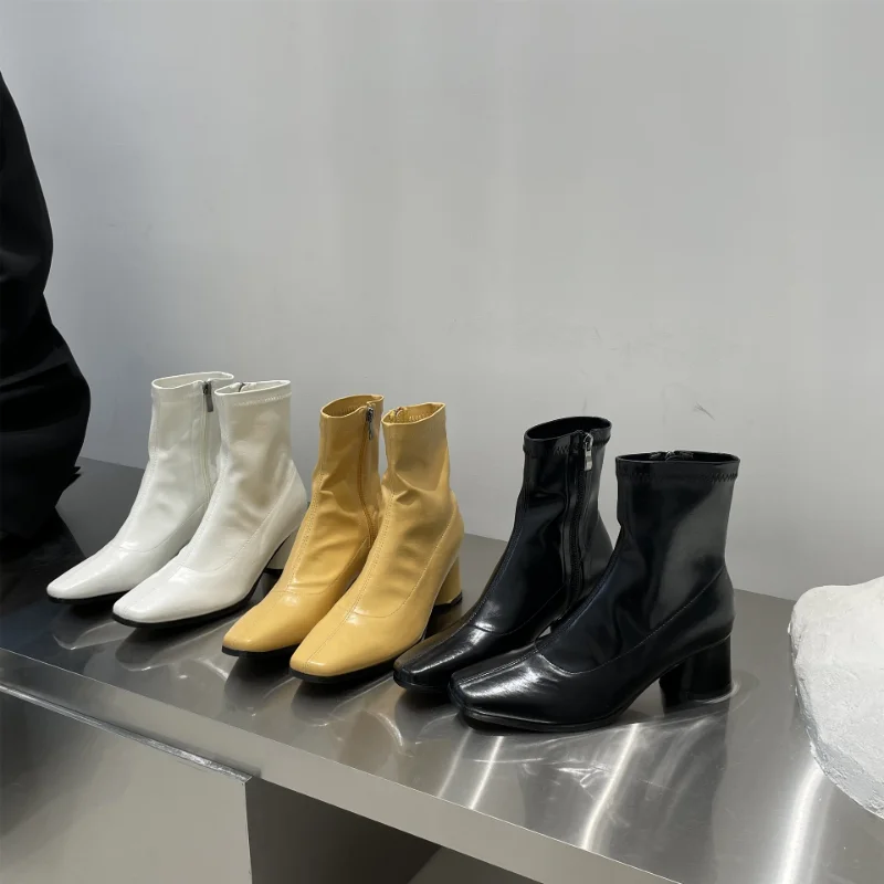 

Square Toe High-heeled Short Boots Autumn and Winter Elastic Leather Boots Fashion New Comfortable Chelsea Short Boots Women