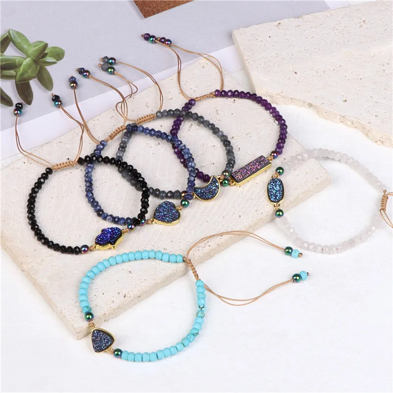 

Blue Druzy Stone Pendant Connecter Bracelets For Women Men Heart Moon Fatima Hand Charm Braided Bracelet Agates Slice Jewelry