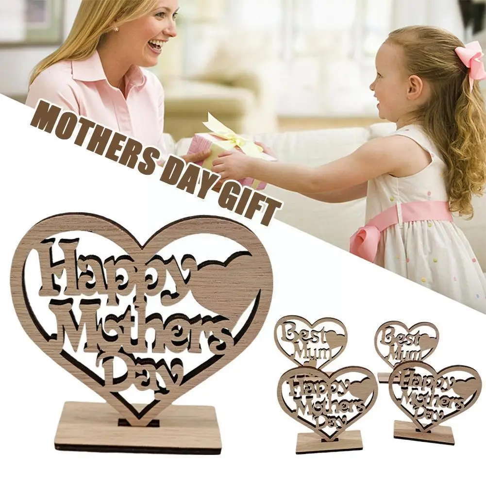 

Mother's Day Wooden Heart-shaped Happy Gift Best Mum Decorations Woodblock Birthday Craft Gift Ornament Hollow U7V3
