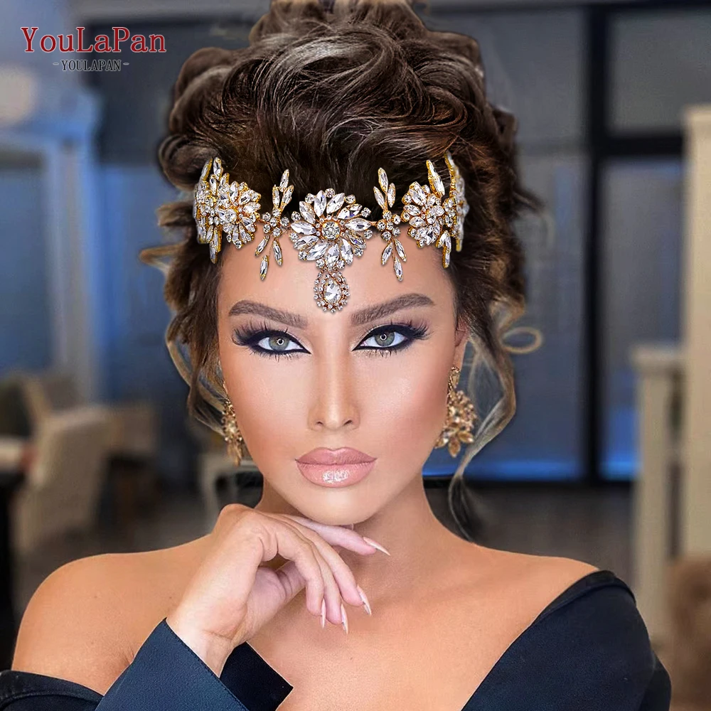 

YouLaPan Shiny Wedding Headband Forehead Bridal Crown Water Drop Rhinestone Head Tiara Flower Women Headdresses HP440