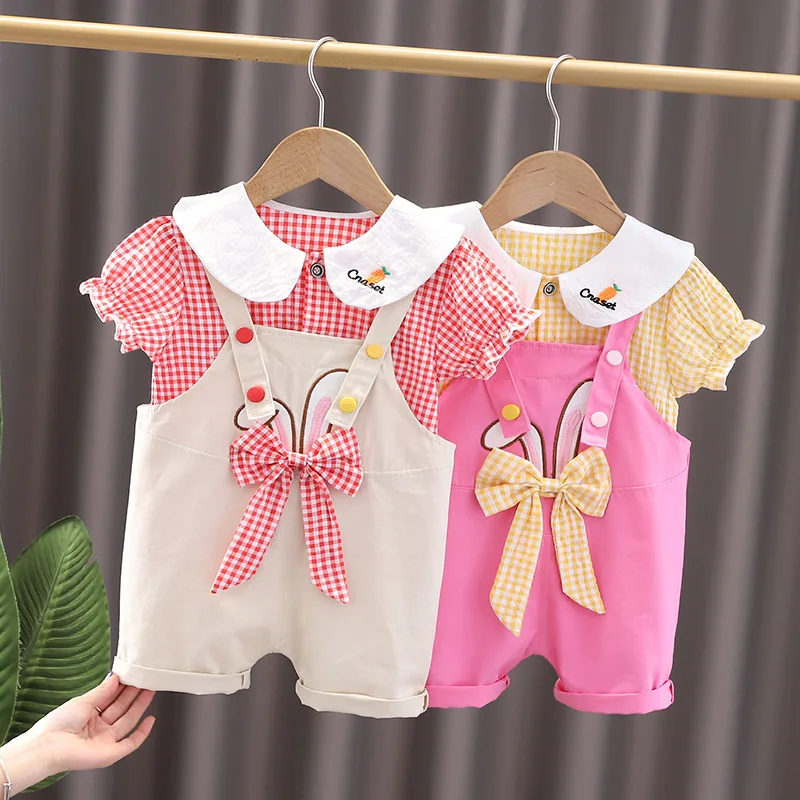 

Футболка, юбка, шорты, одежда для девочек, платье на бретелях с бантом, милая Свободная одежда для маленьких девочек, комплект летней детской...