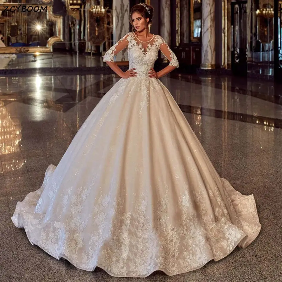 

Elegant Ivory Half Sleeves Ball Gown Wedding Dresses 2023 Scoop Neck Lace Appliques Shiny Beading Bride Gowns Vestidos De Novia