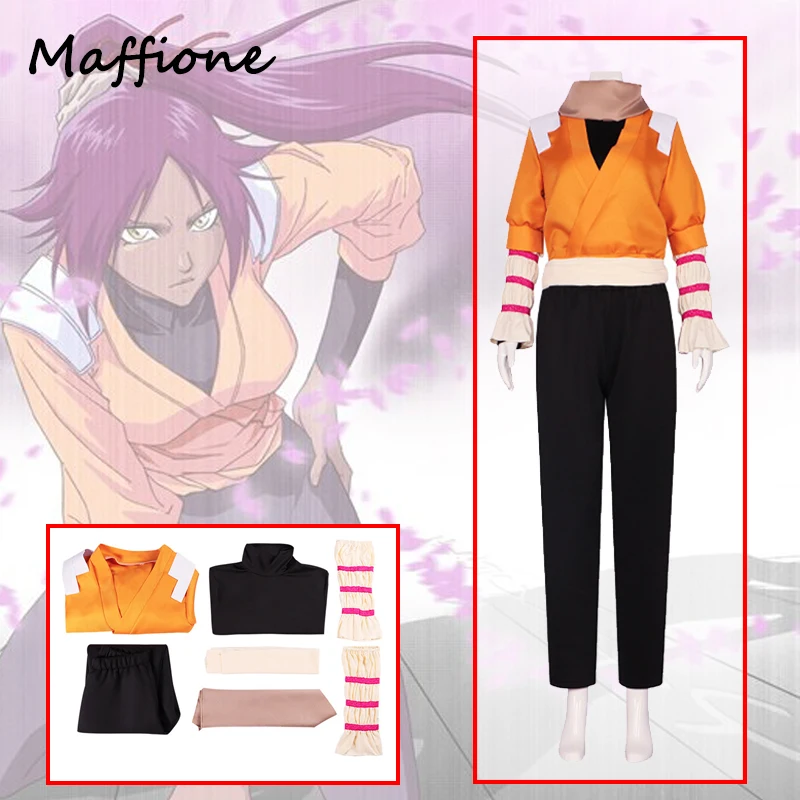 

Костюм для косплея из аниме отбеливатель Shihouin Yoruichi, костюмы оранжевого пальто и черных брюк, полный комплект, костюм для Хэллоуина, карнавала, женский костюм