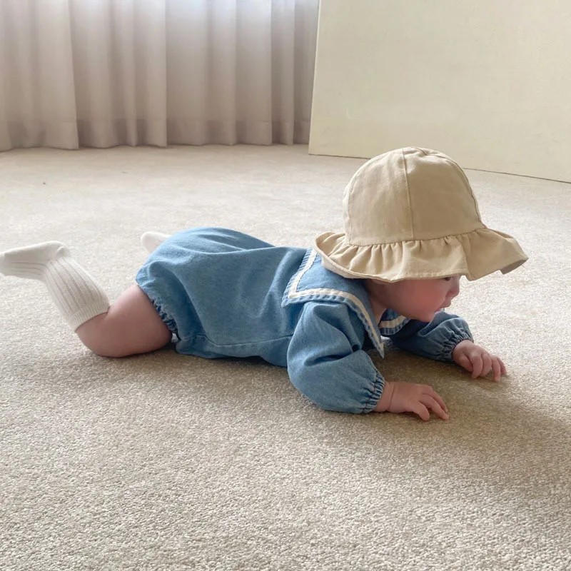 Baby Summer Short Sleeve Denim Bodysuit Infant Boy Navy Collar Jumpsuit Little Girl Denim Clothes Toddler Onesie