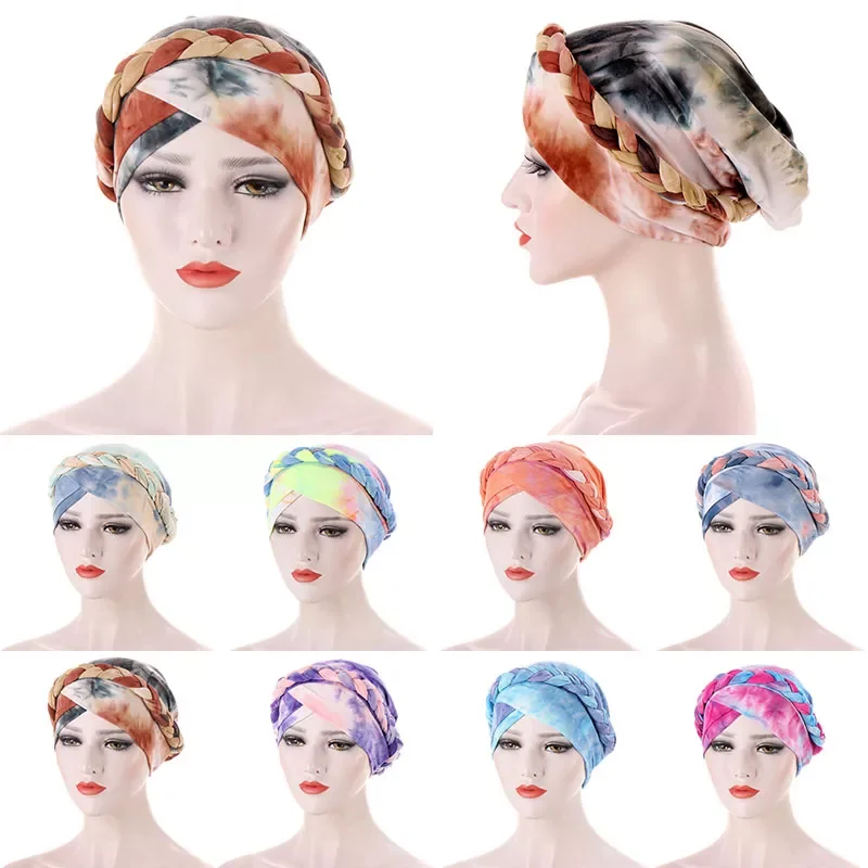 

Short Braid Can Hide Hair Scarf Hat Spot Tie Dyed Turban Hat Headscarf Muslim Round Folds Head Accessories Resuable Sleep Hat