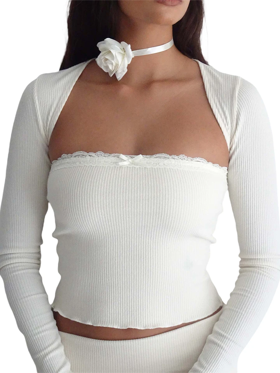 

Hirigin, Осенний женский ребристый комплект из 2 предметов, футболки с длинным рукавом, кружевные, блестящие, гранж Y2K, винтажные Короткие топы